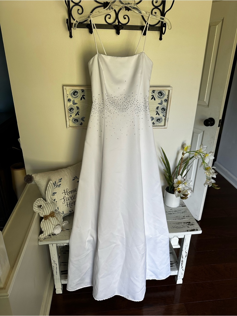 White A-Line Formal/Prom Dress with Beaded Waist Corset back